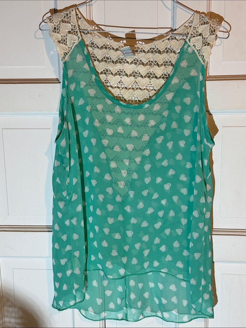 LOVE Republic Sheer and Lace-Back Sleeveless Heart Print Blouse